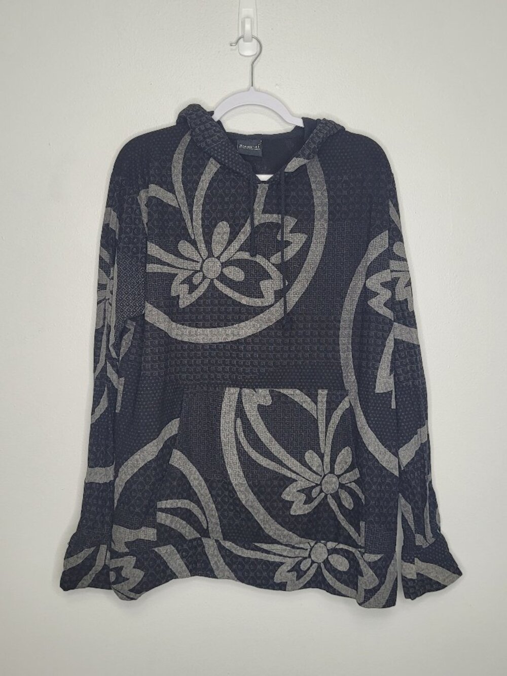 Siamurai black gray cotton long sleeve pull over hooded boho top